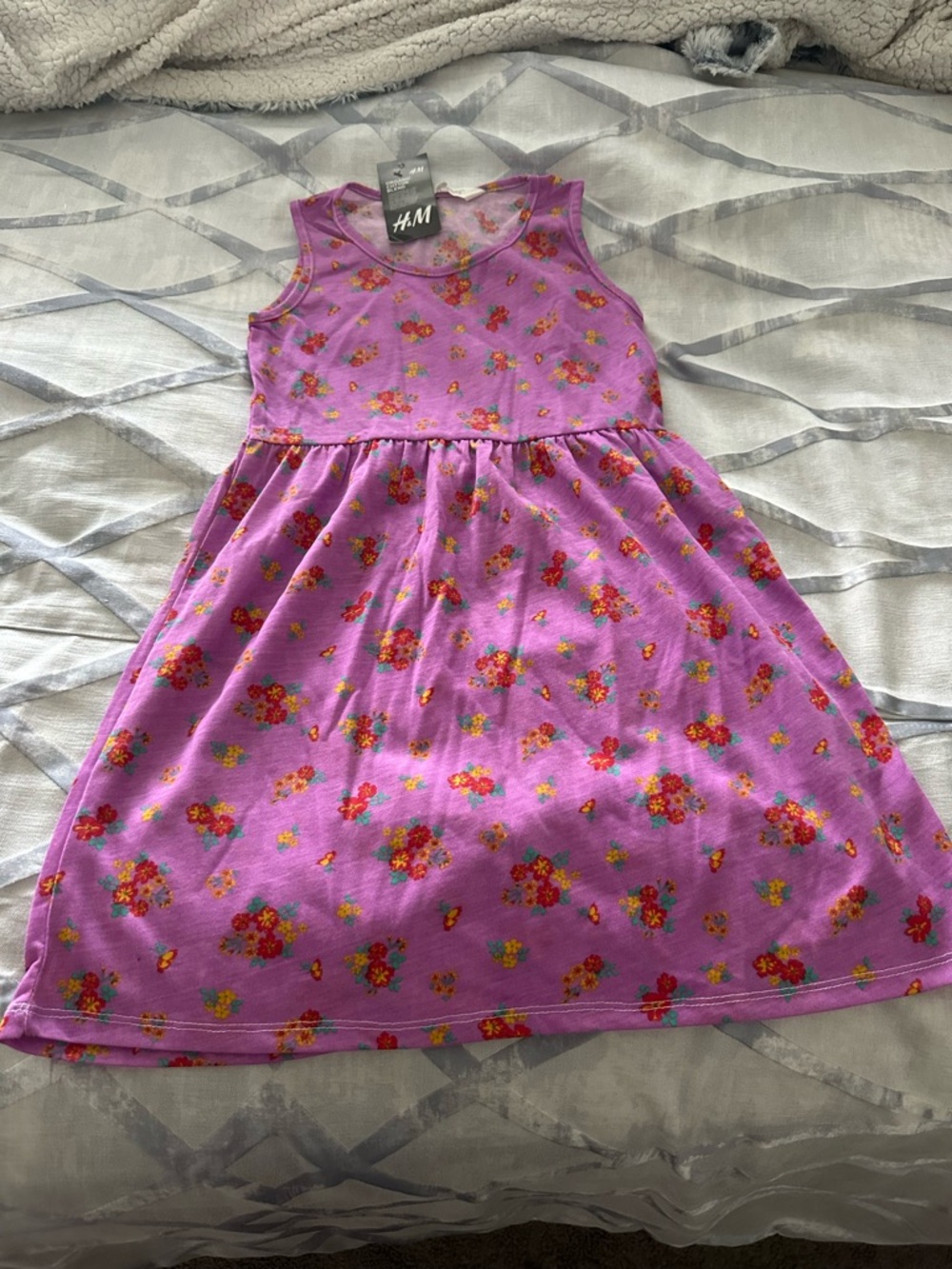 H&M Girls' Purple Floral Sleeveless Dress with Red & Yellow Accents